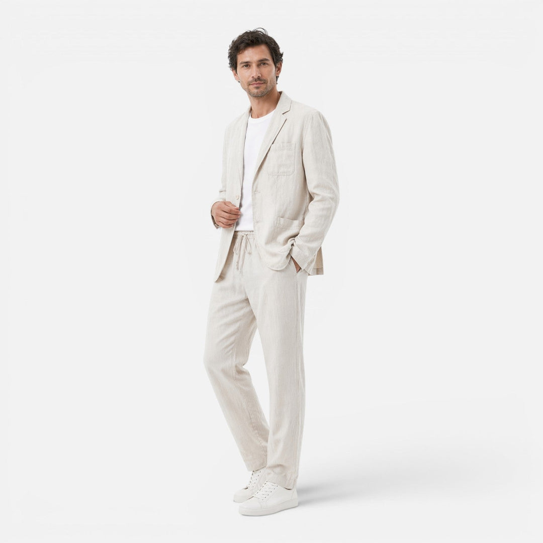 Linen-Look Blazer and Elastic Waist Trousers Set