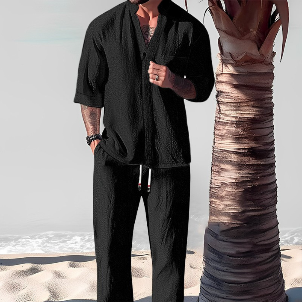 Linen-Look Short Sleeve Shirt and Relaxed Trousers Set