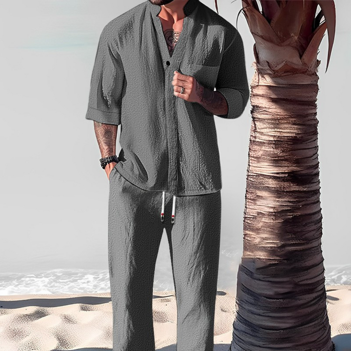 Linen-Look Short Sleeve Shirt and Relaxed Trousers Set