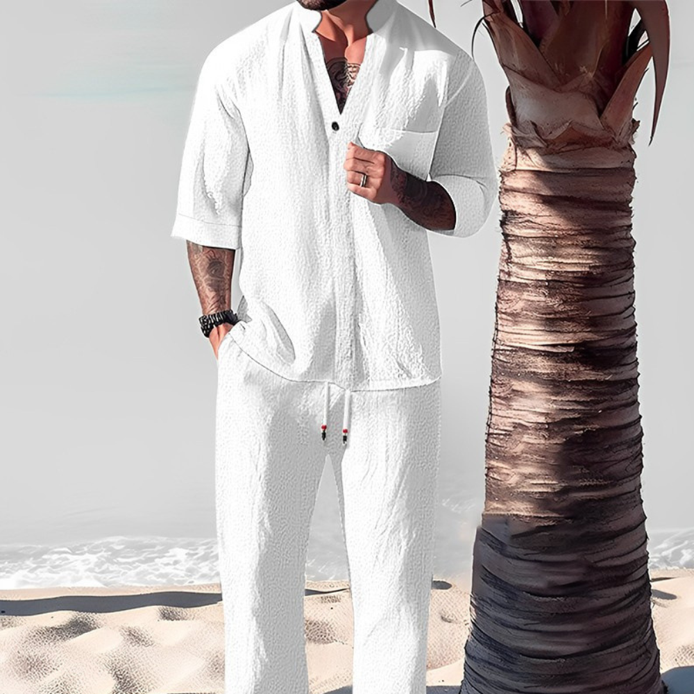 Linen-Look Short Sleeve Shirt and Relaxed Trousers Set