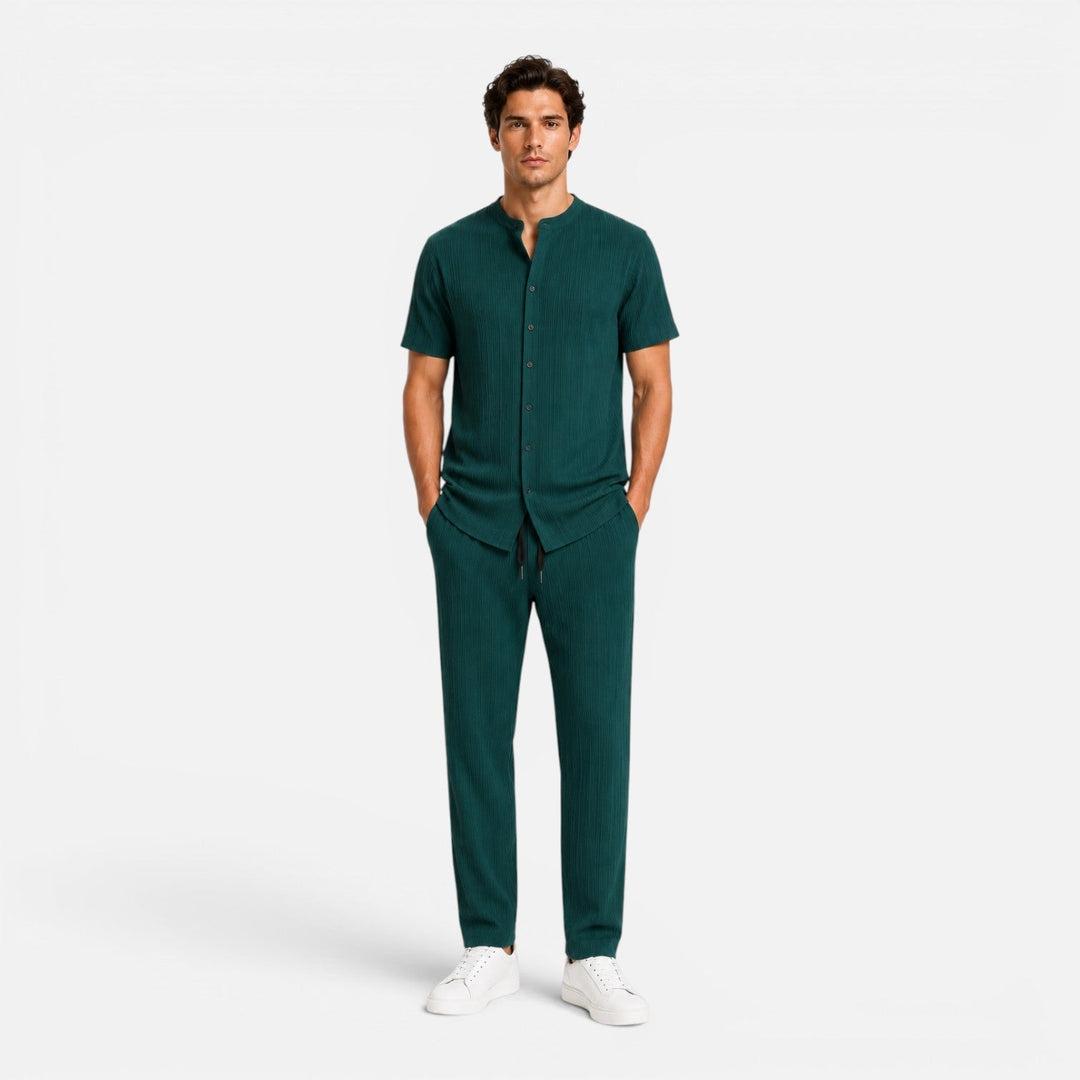 Ribbed Henley Top and Drawstring Trousers Set