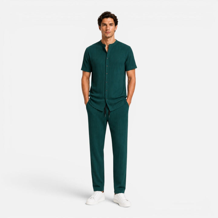 Ribbed Henley Top and Drawstring Trousers Set