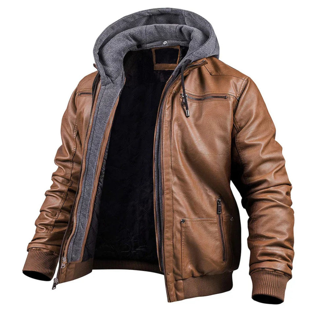 Leather-Look Hooded Winter Jacket - Brown
