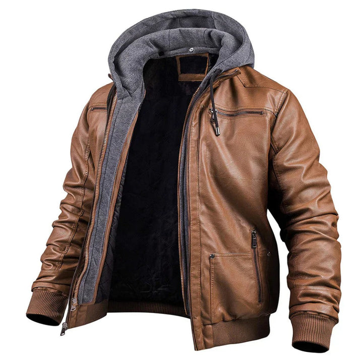 Leather-Look Hooded Winter Jacket - Brown