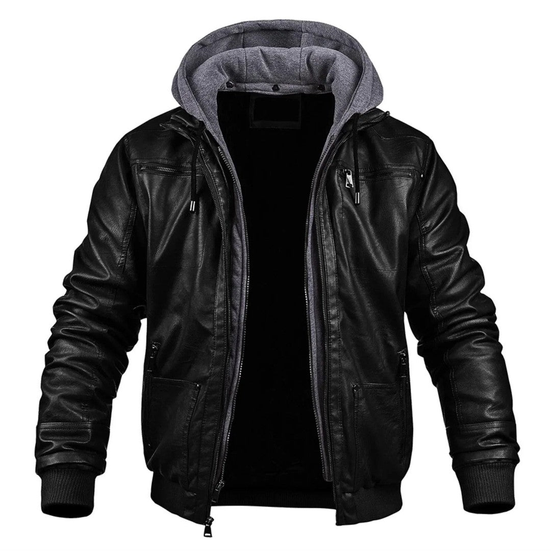Leather-Look Hooded Winter Jacket - Black