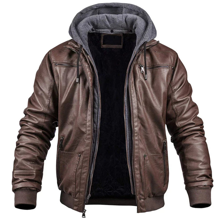 Leather-Look Hooded Winter Jacket - Dark Brown