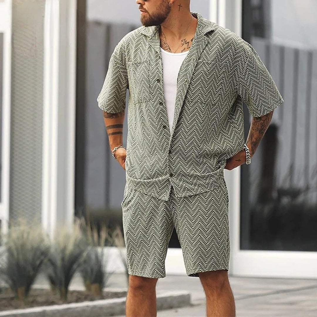 Green Button-Down Shirt and Drawstring Shorts Set