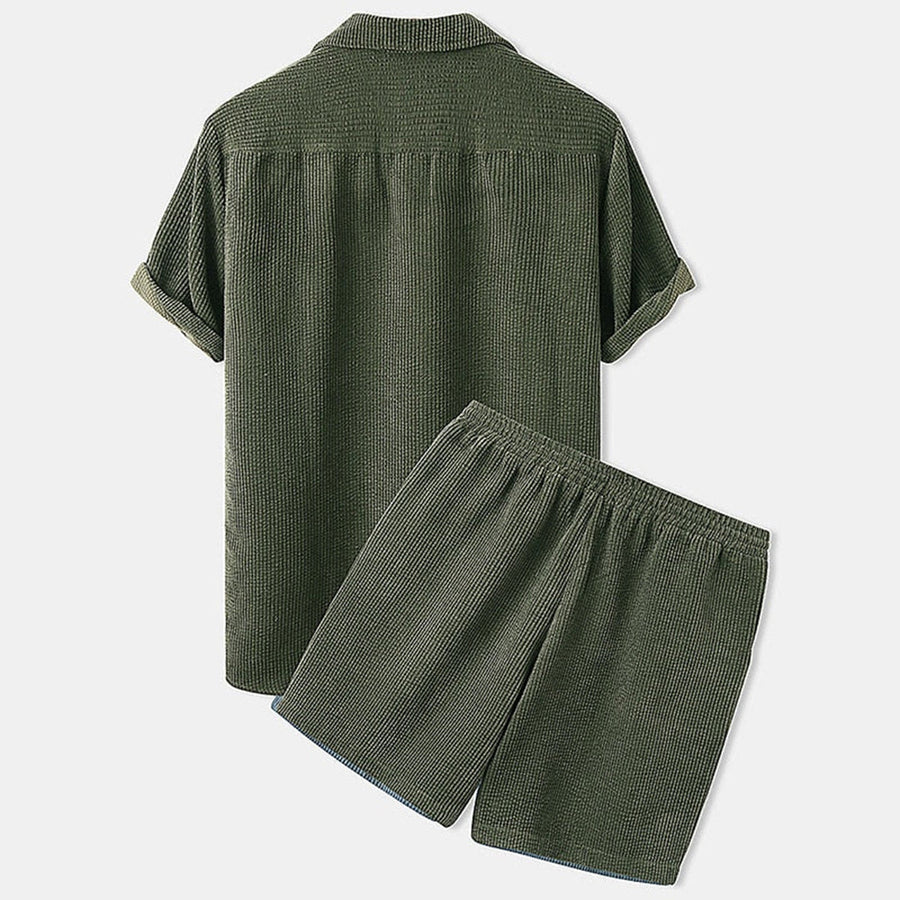 Textured Button Shirt and Drawstring Shorts Set