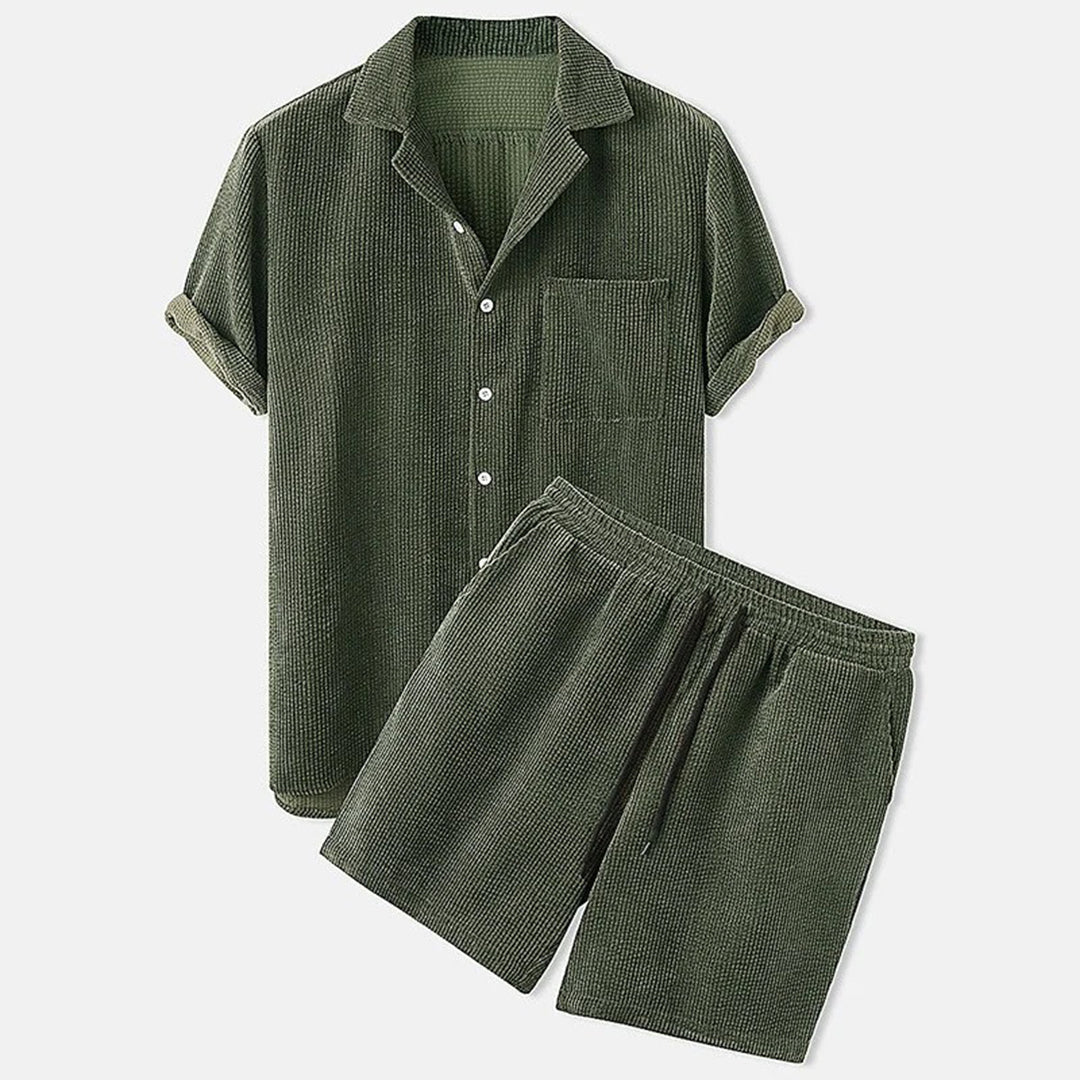 Textured Button Shirt and Drawstring Shorts Set