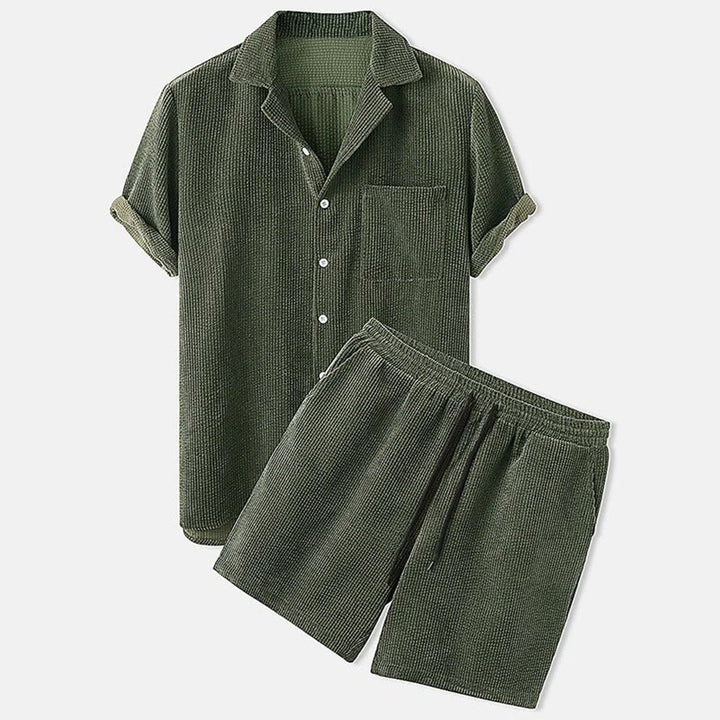 Textured Button Shirt and Drawstring Shorts Set