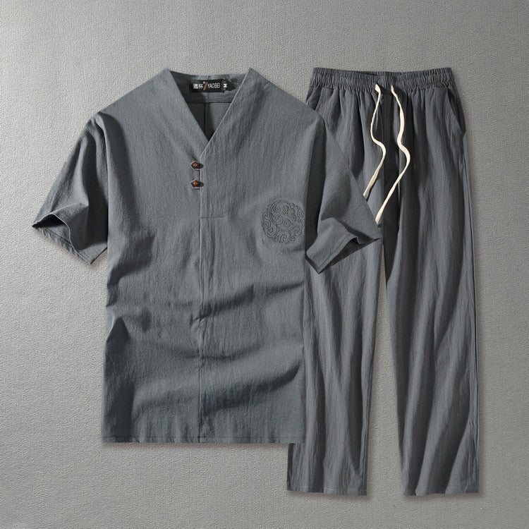 V-Neck Short Sleeve Top and Drawstring Trousers Set