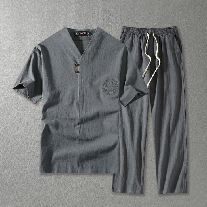 V-Neck Short Sleeve Top and Drawstring Trousers Set