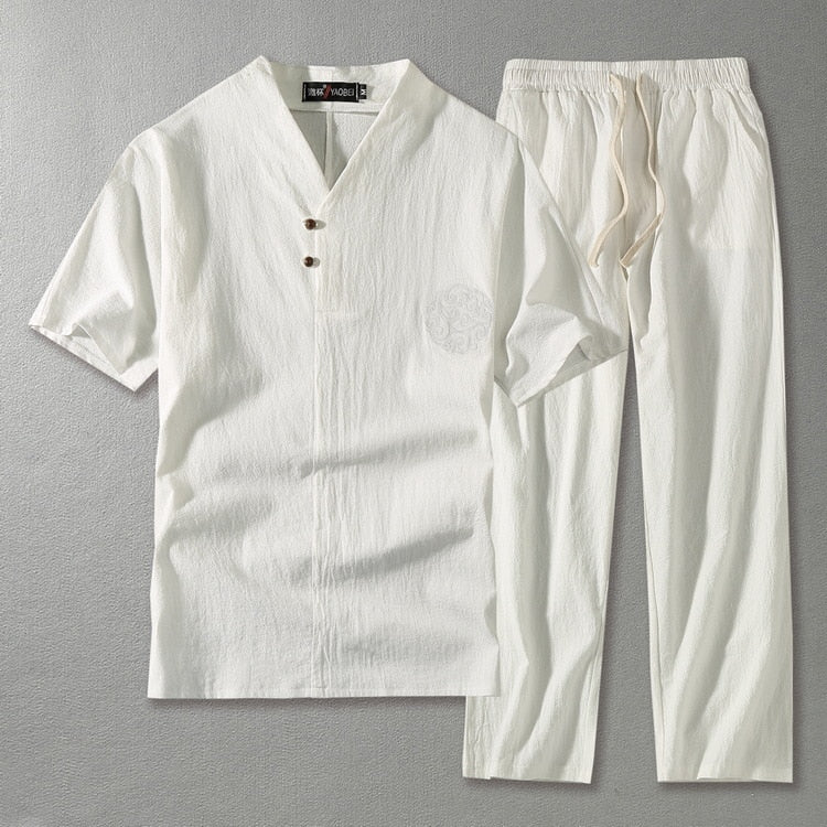 V-Neck Short Sleeve Top and Drawstring Trousers Set