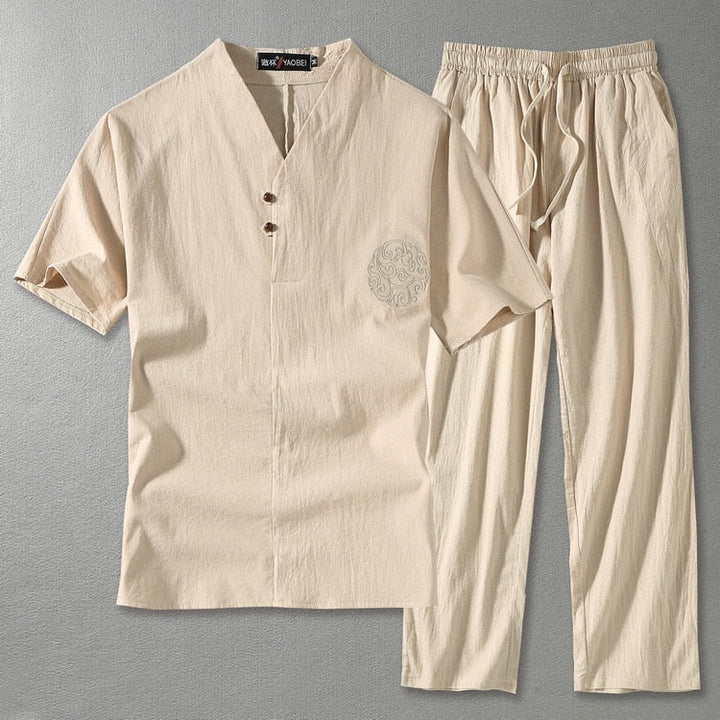 V-Neck Short Sleeve Top and Drawstring Trousers Set