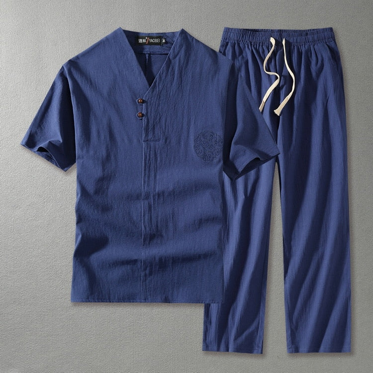 V-Neck Short Sleeve Top and Drawstring Trousers Set