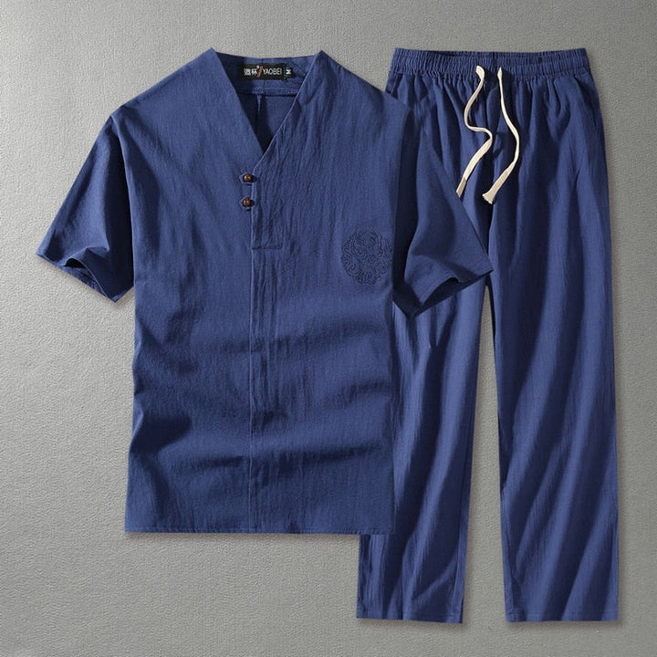 V-Neck Short Sleeve Top and Drawstring Trousers Set