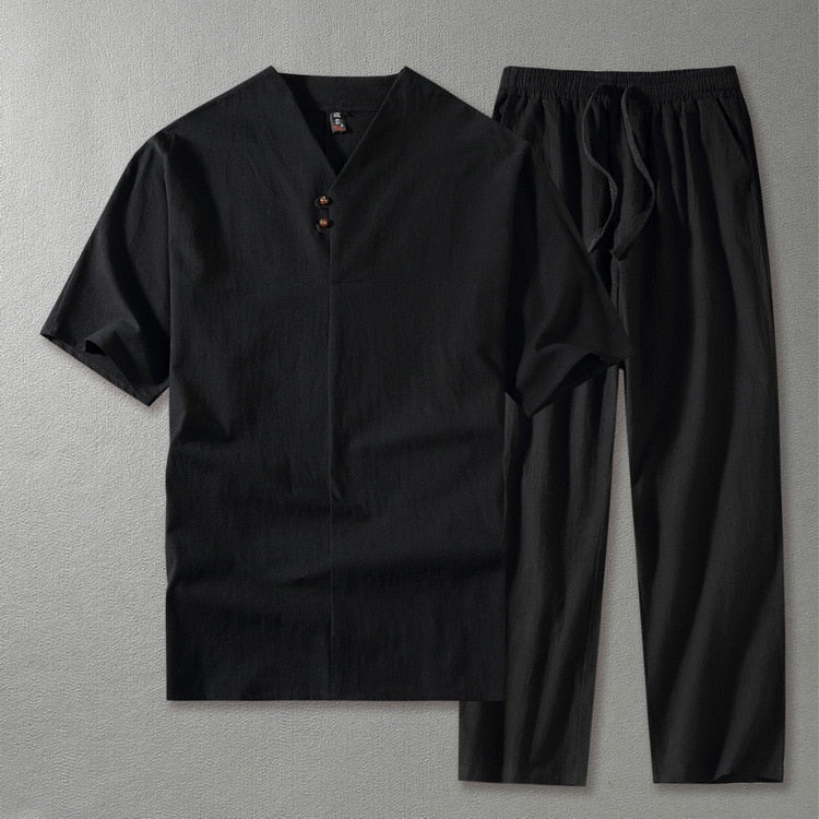 V-Neck Short Sleeve Top and Drawstring Trousers Set