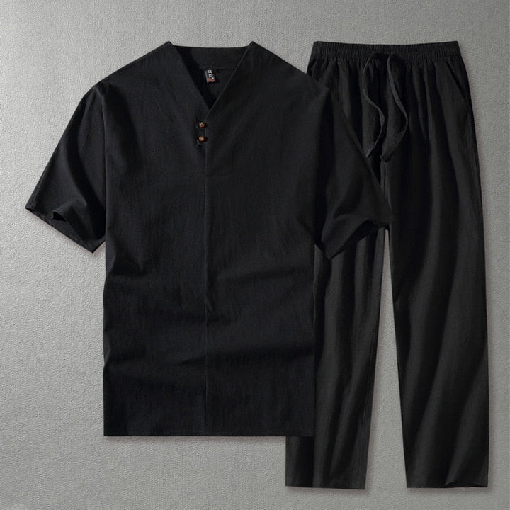 V-Neck Short Sleeve Top and Drawstring Trousers Set