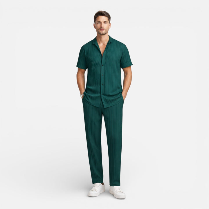Ribbed Mandarin Shirt and Drawstring Trousers Set