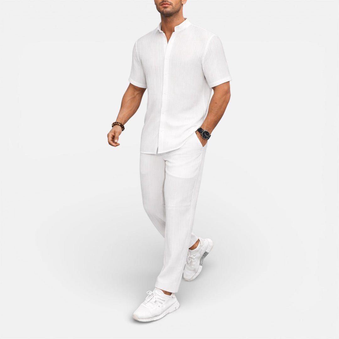 Ribbed Mandarin Shirt and Drawstring Trousers Set