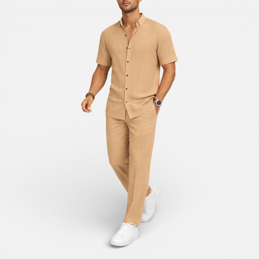 Ribbed Mandarin Shirt and Drawstring Trousers Set