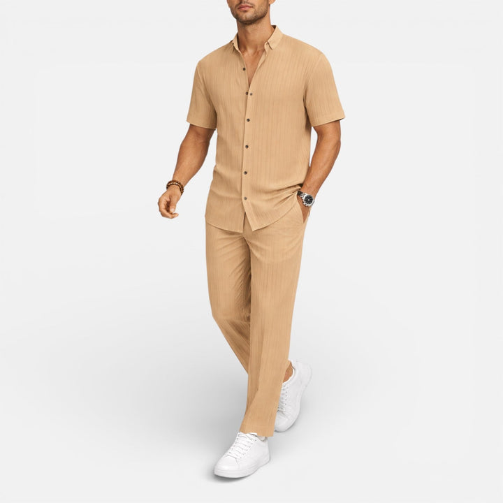 Ribbed Mandarin Shirt and Drawstring Trousers Set