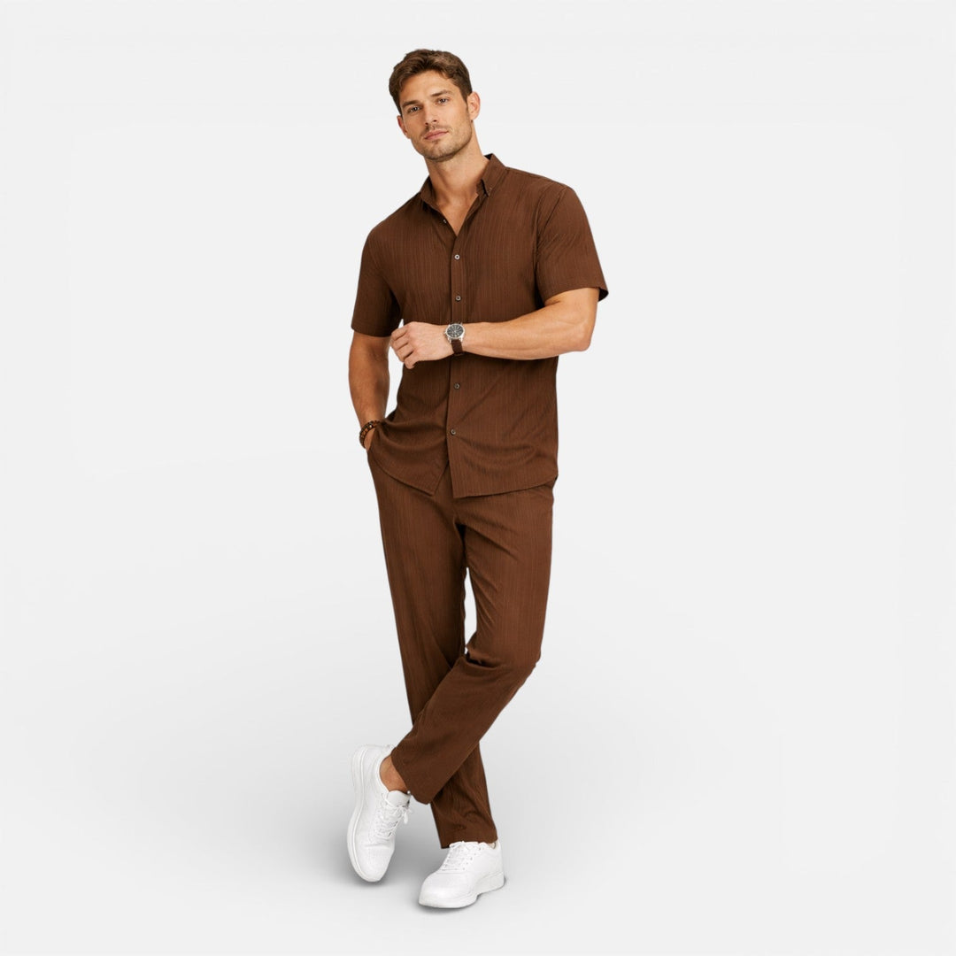 Ribbed Mandarin Shirt and Drawstring Trousers Set