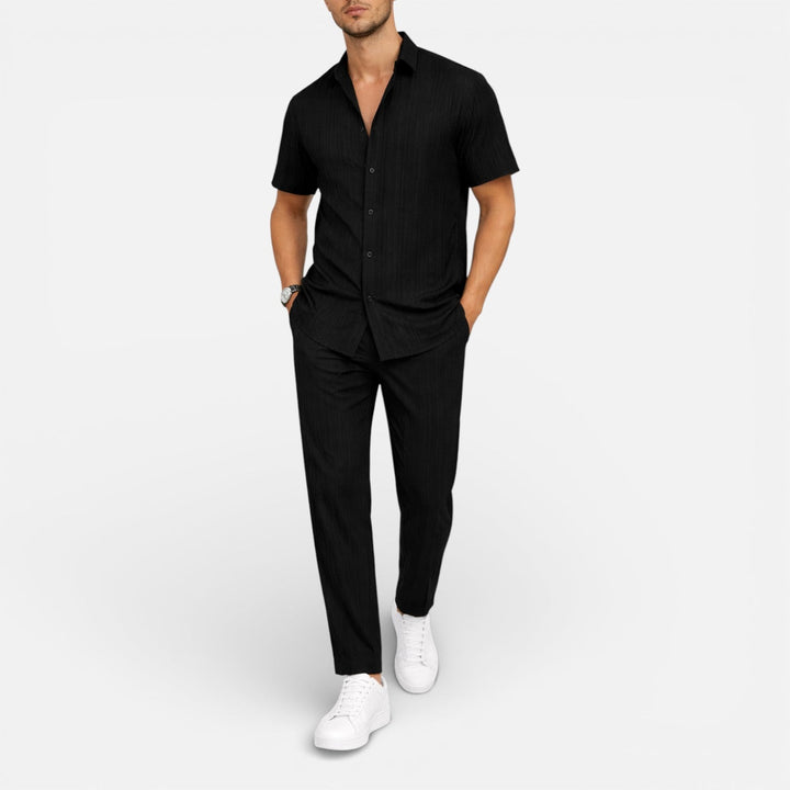 Ribbed Mandarin Shirt and Drawstring Trousers Set