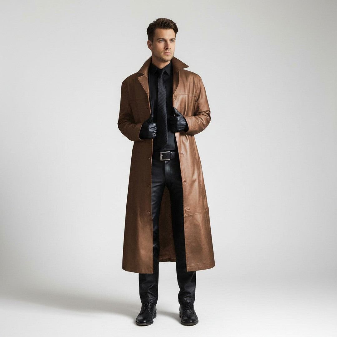 Long Leather-Look Jacket - Khaki