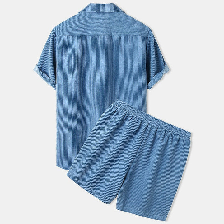 Textured Button Shirt and Drawstring Shorts Set