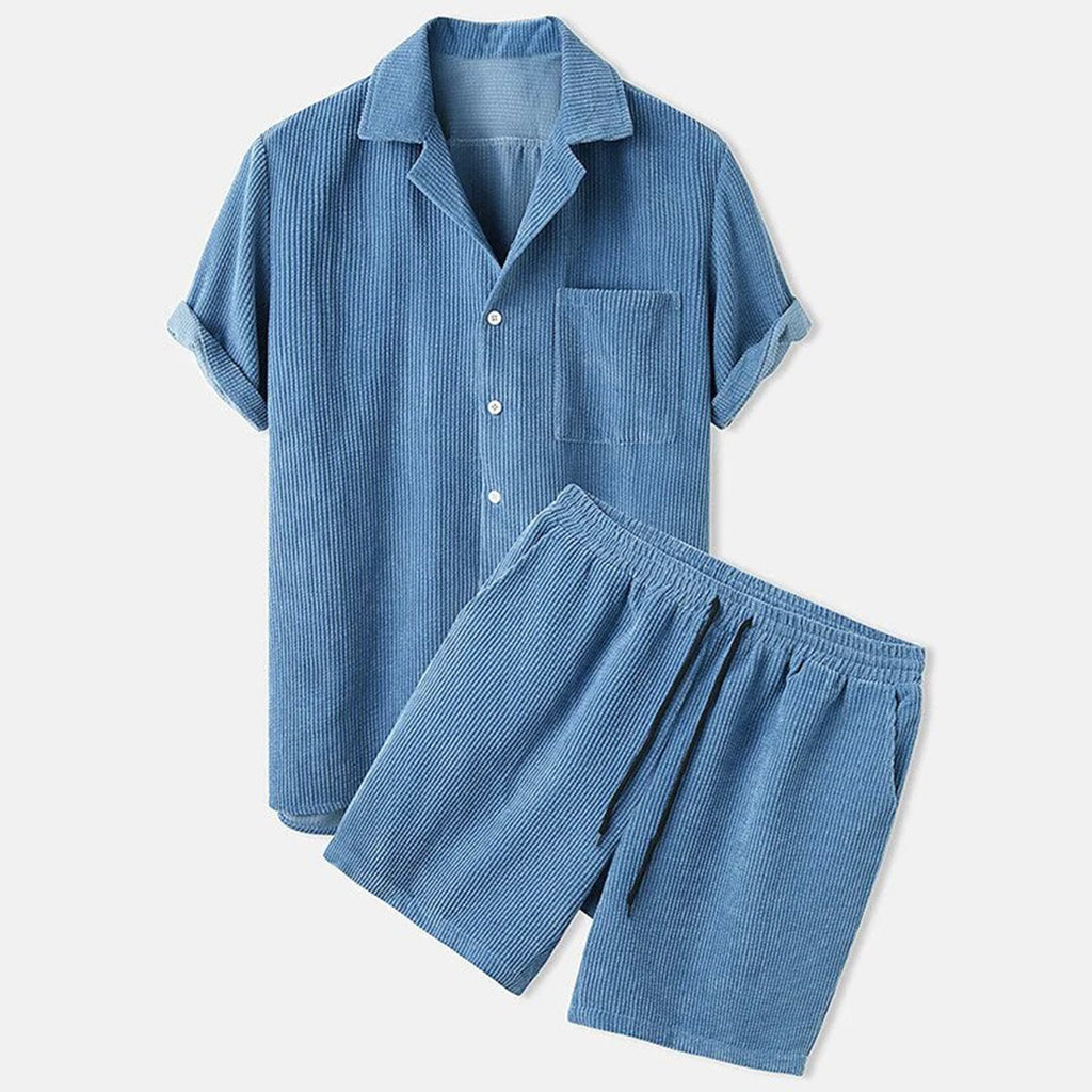 Textured Button Shirt and Drawstring Shorts Set