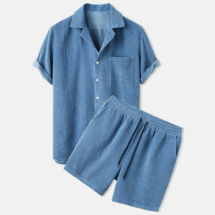 Textured Button Shirt and Drawstring Shorts Set