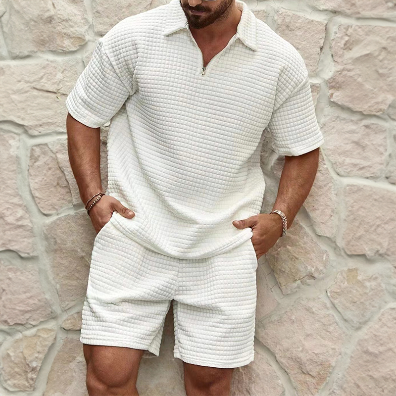 Waffle Texture Zip Polo and Shorts Set