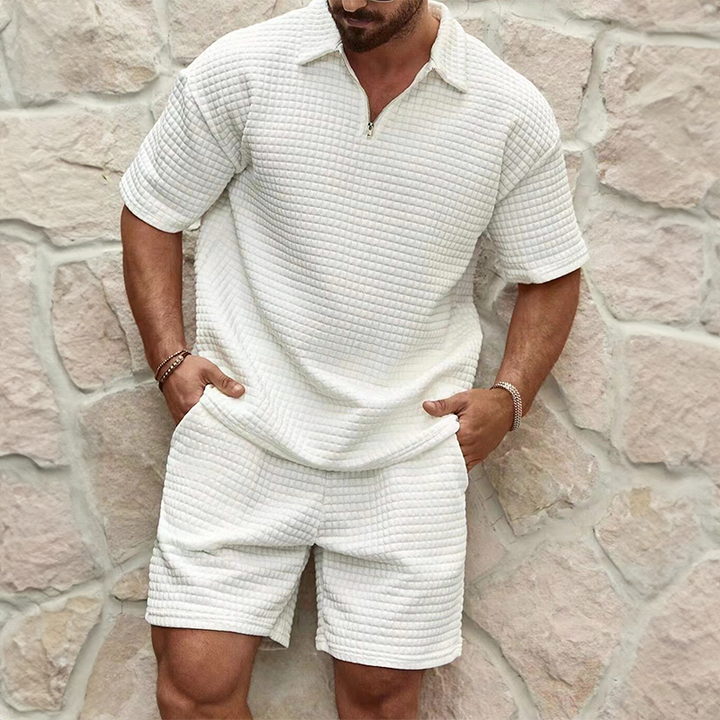 Waffle Texture Zip Polo and Shorts Set