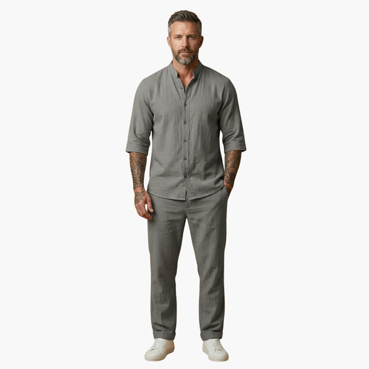 Linen-Look Stand Collar Pants Set