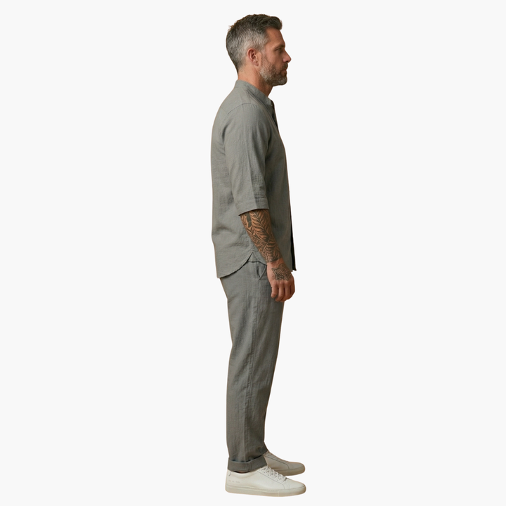 Linen-Look Stand Collar Pants Set