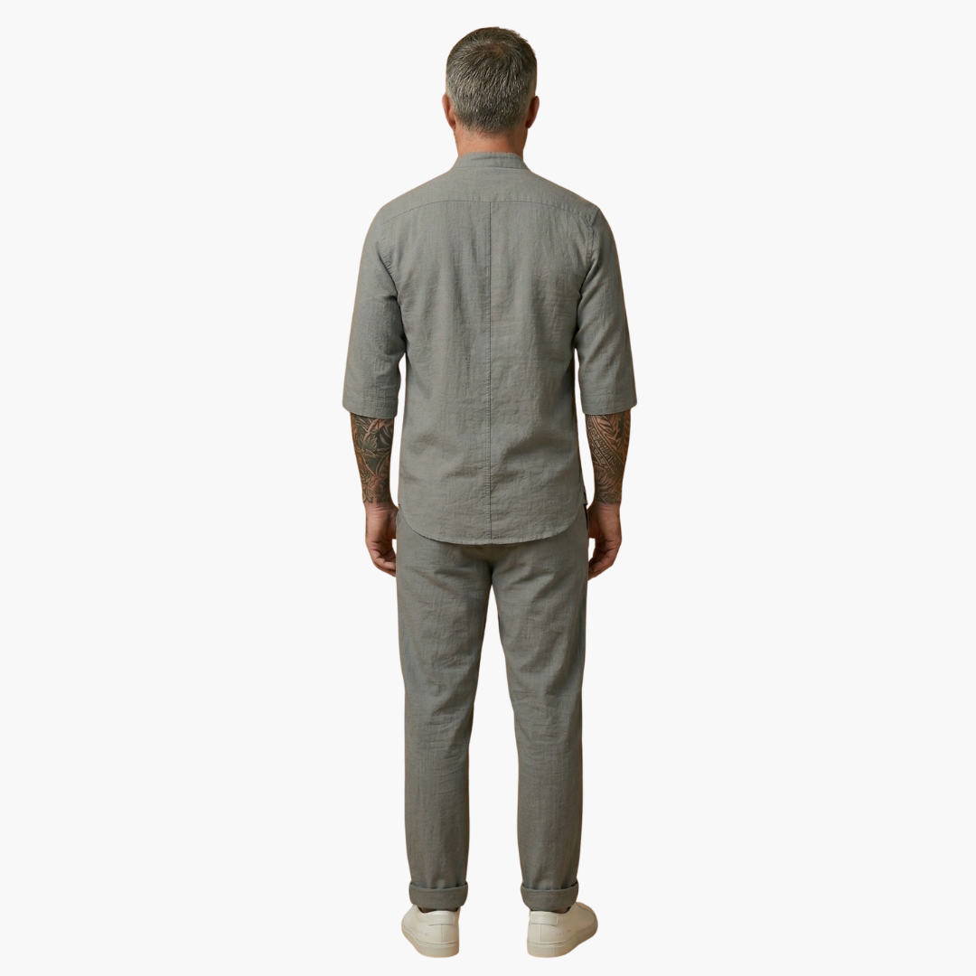 Linen-Look Stand Collar Pants Set