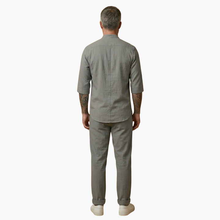 Linen-Look Stand Collar Pants Set