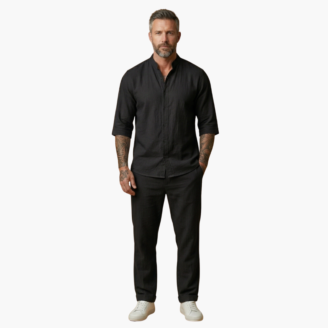 Linen-Look Stand Collar Pants Set
