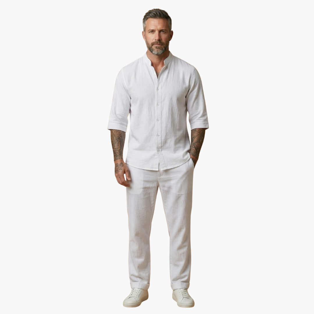 Linen-Look Stand Collar Pants Set