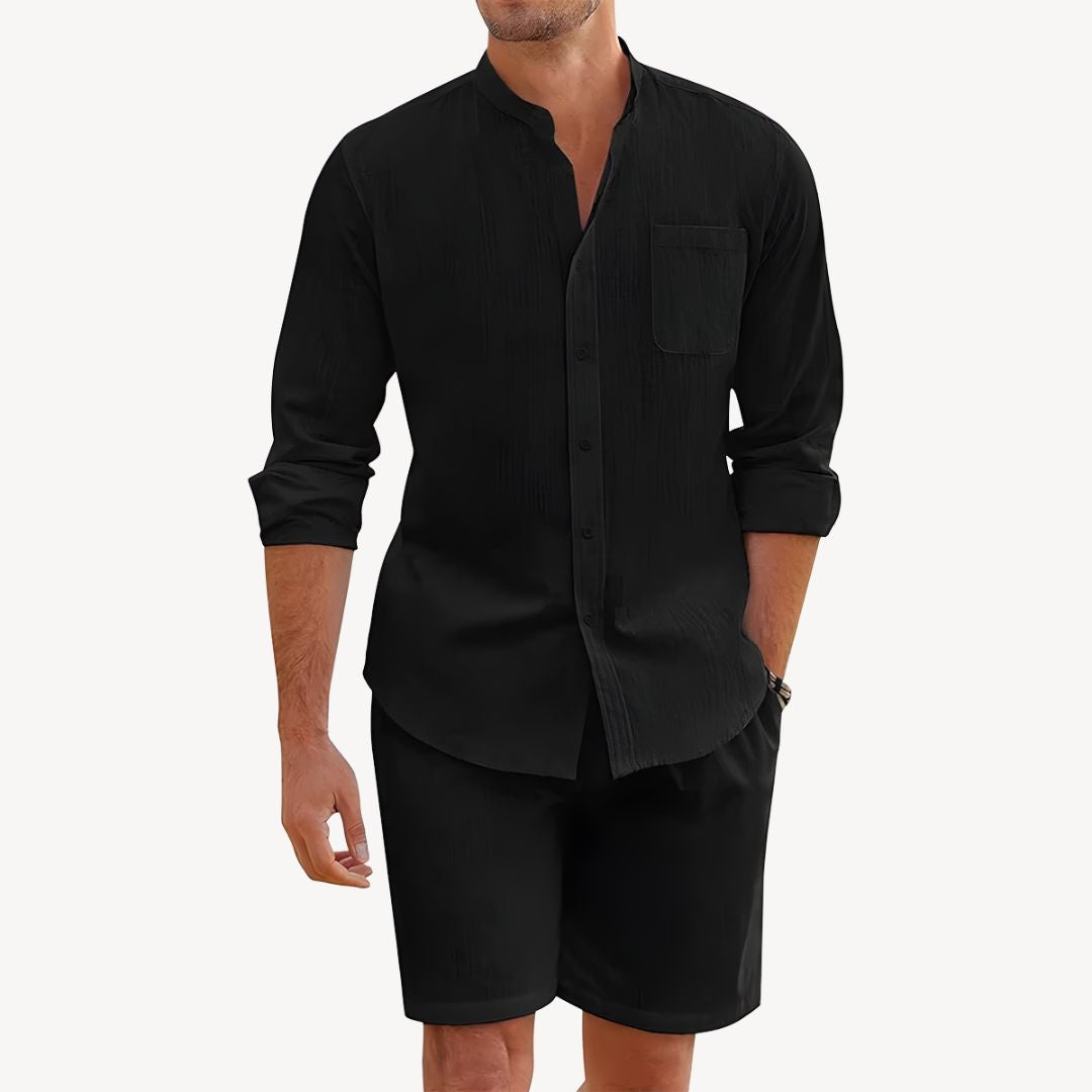 Button-Up Shirt and Drawstring Shorts Set