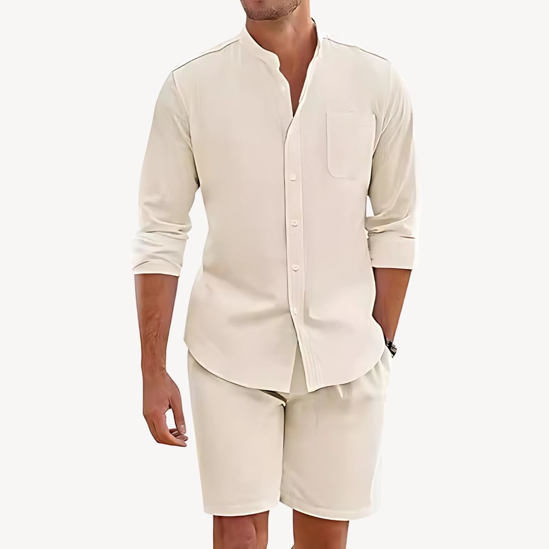 Button-Up Shirt and Drawstring Shorts Set