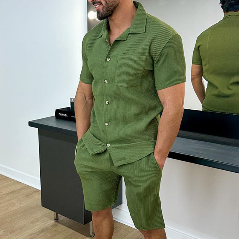 Ribbed Knit-Look Shirt and Shorts Set