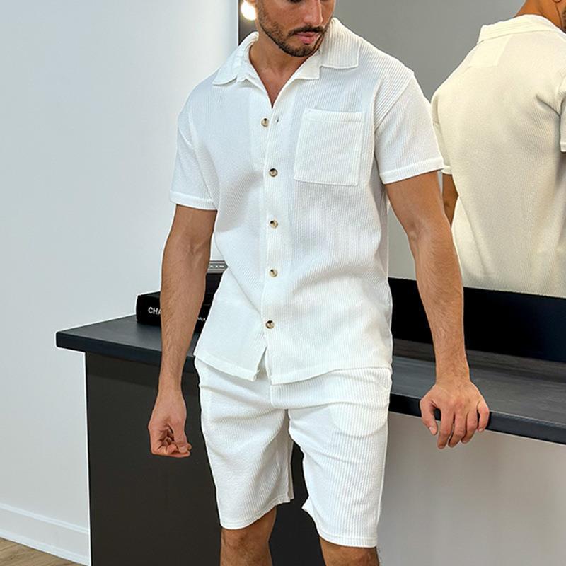 Ribbed Knit-Look Shirt and Shorts Set