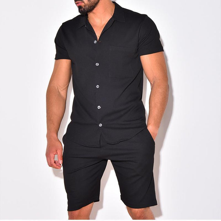 Ribbed Knit-Look Shirt and Shorts Set