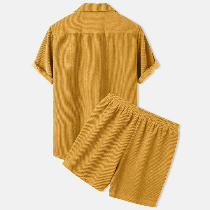 Textured Button Shirt and Drawstring Shorts Set