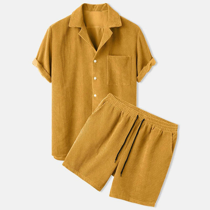Textured Button Shirt and Drawstring Shorts Set