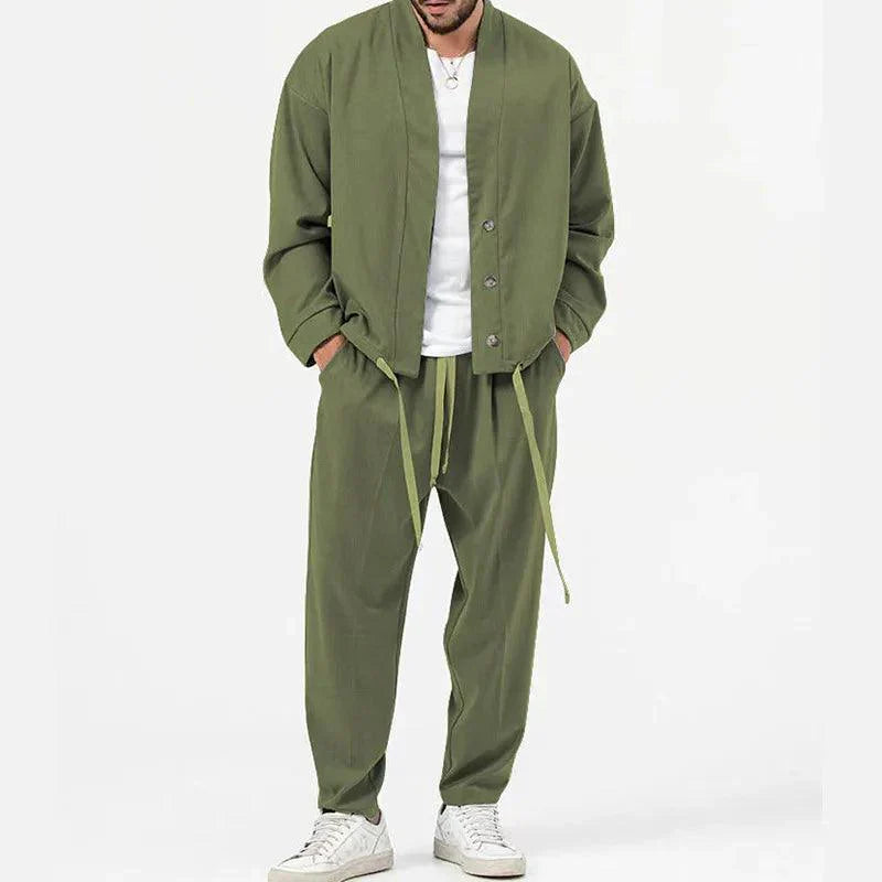 Button-Front Jacket and Drawstring Trousers Set