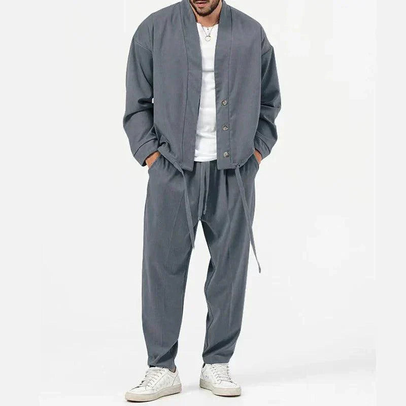 Button-Front Jacket and Drawstring Trousers Set