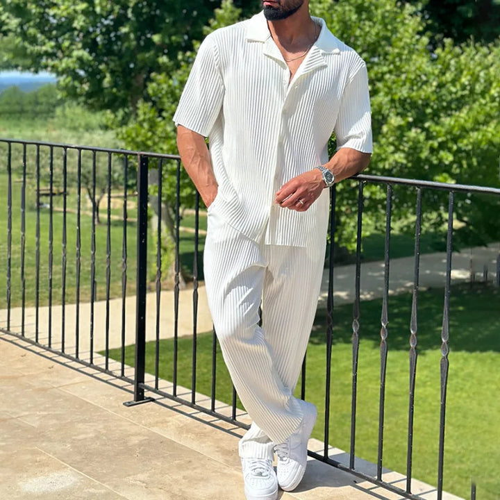 Pleated Camp Collar Shirt and Straight Leg Trousers Set